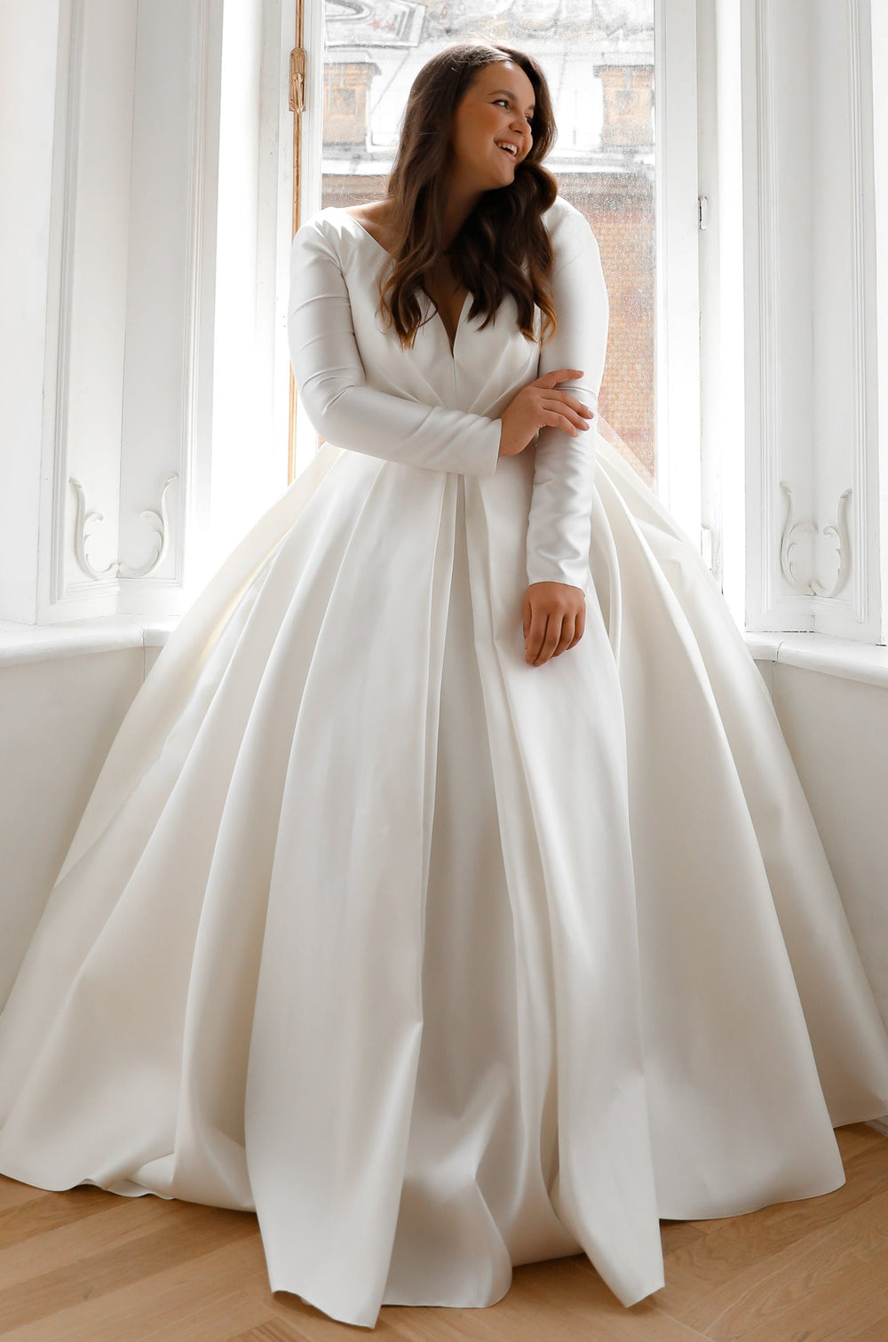 Plus Size Mikado Wedding Dress Ester with Long Sleeves - VOLAKK
