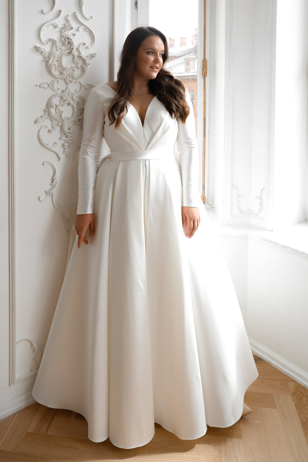 Plus Size Mikado Wedding Dress Ester with Long Sleeves details - VOLAKK