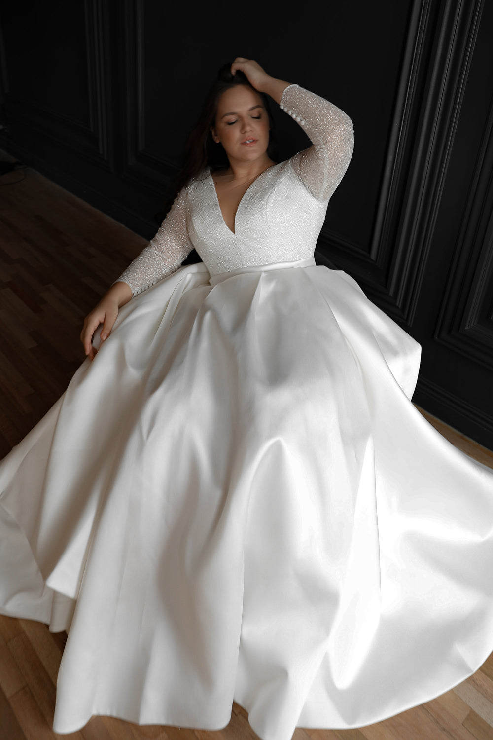 Plus Size Mikado Wedding Dress Koussindy with Long Sleeves details - VOLAKK