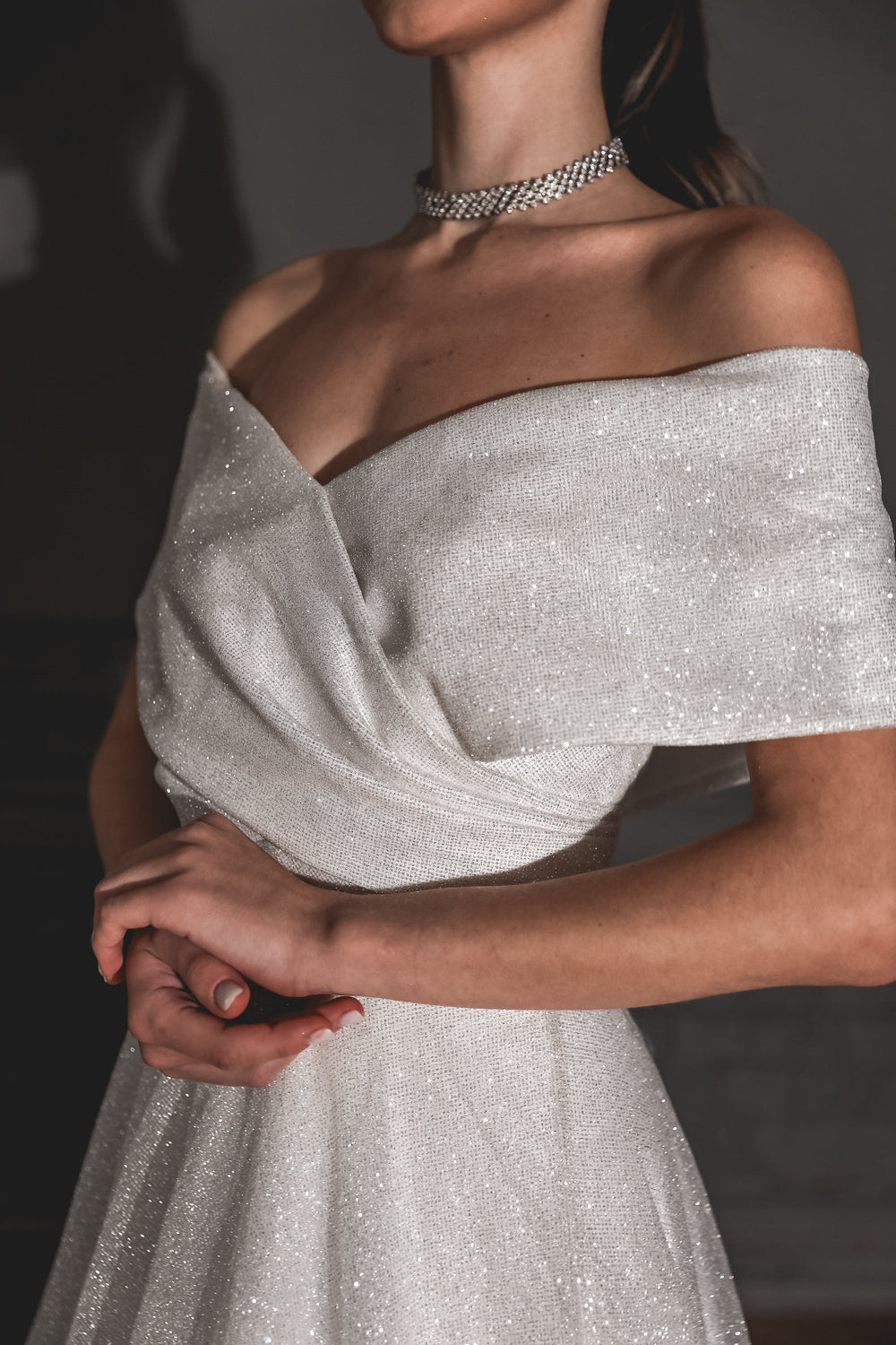 Shimmering Off-the-Shoulder Wedding Dress Melanie details - VOLAKK