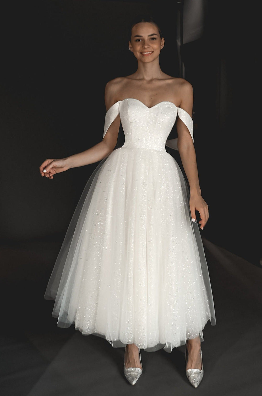 Light ivory Glitter Midi Wedding Dress Soul - VOLAKK