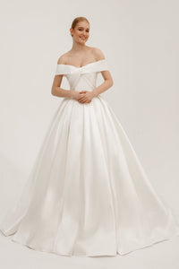 Light ivory Mikado Long Train Wedding Gown Seiliny view 1