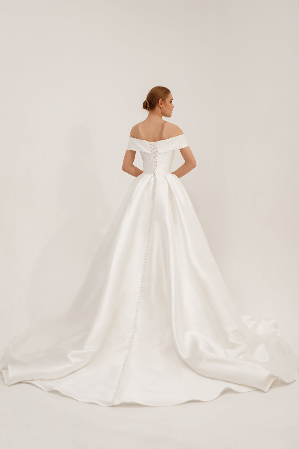 Light ivory Mikado Long Train Wedding Gown Seiliny details - VOLAKK