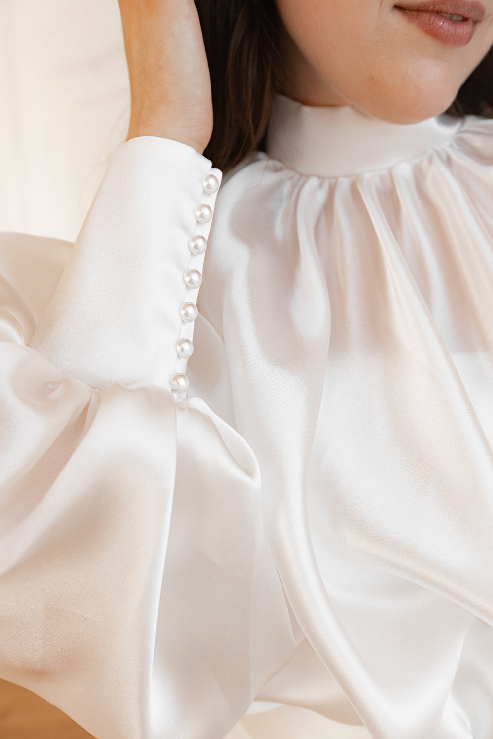 Exquisite Organza Wedding Blouse Gabi with Long Sleeves & High Neck detail view - VOLAKK