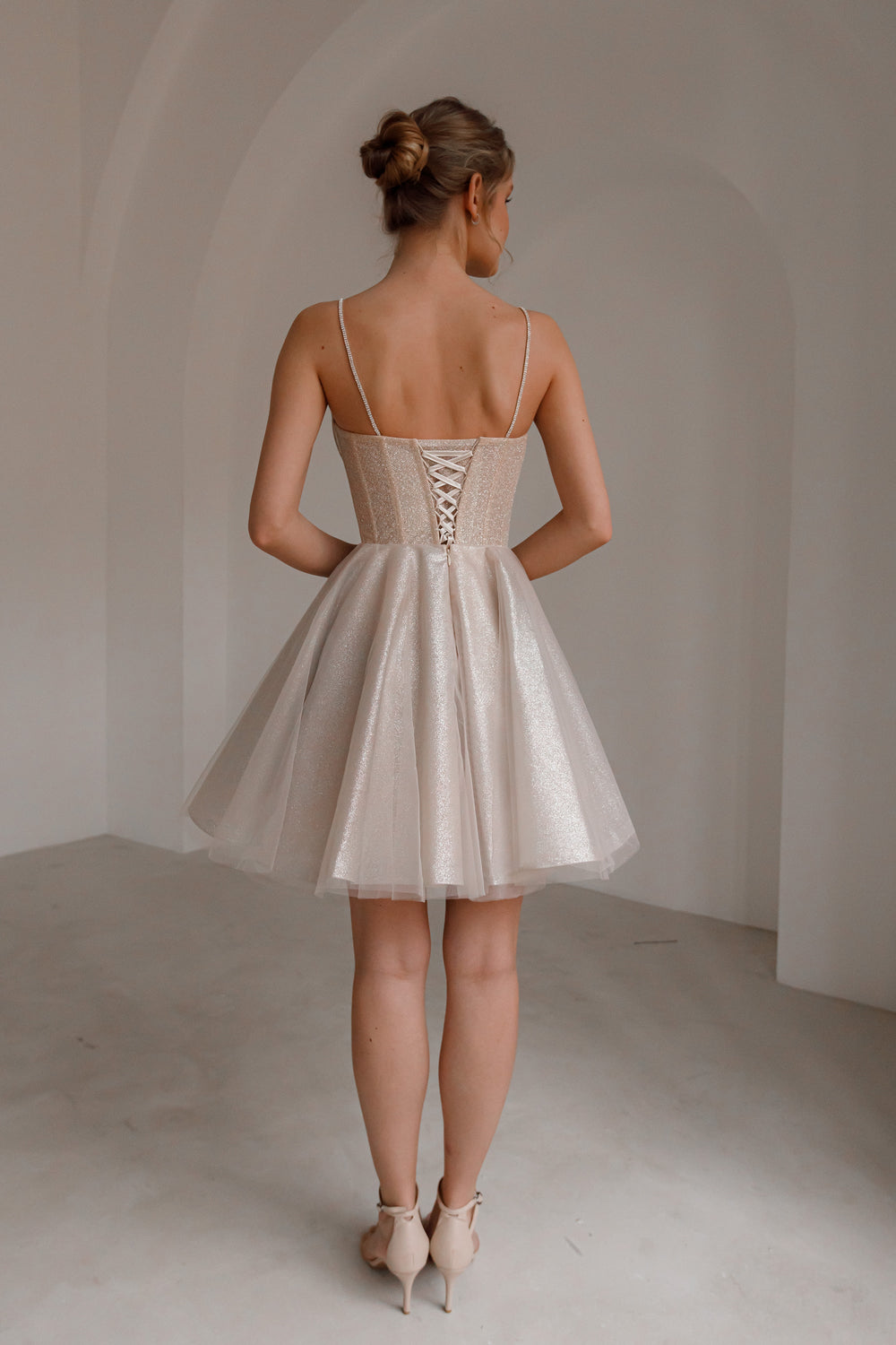 Exquisite Nude Short Sparkle Evening Dress Rakel detail view - VOLAKK