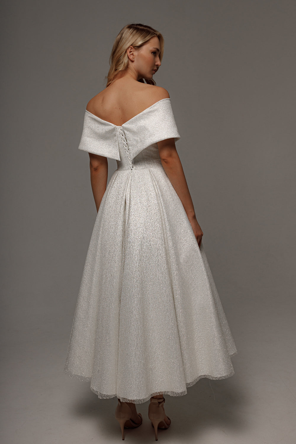 Sparkly Tea Length Wedding Dress Abril details - VOLAKK