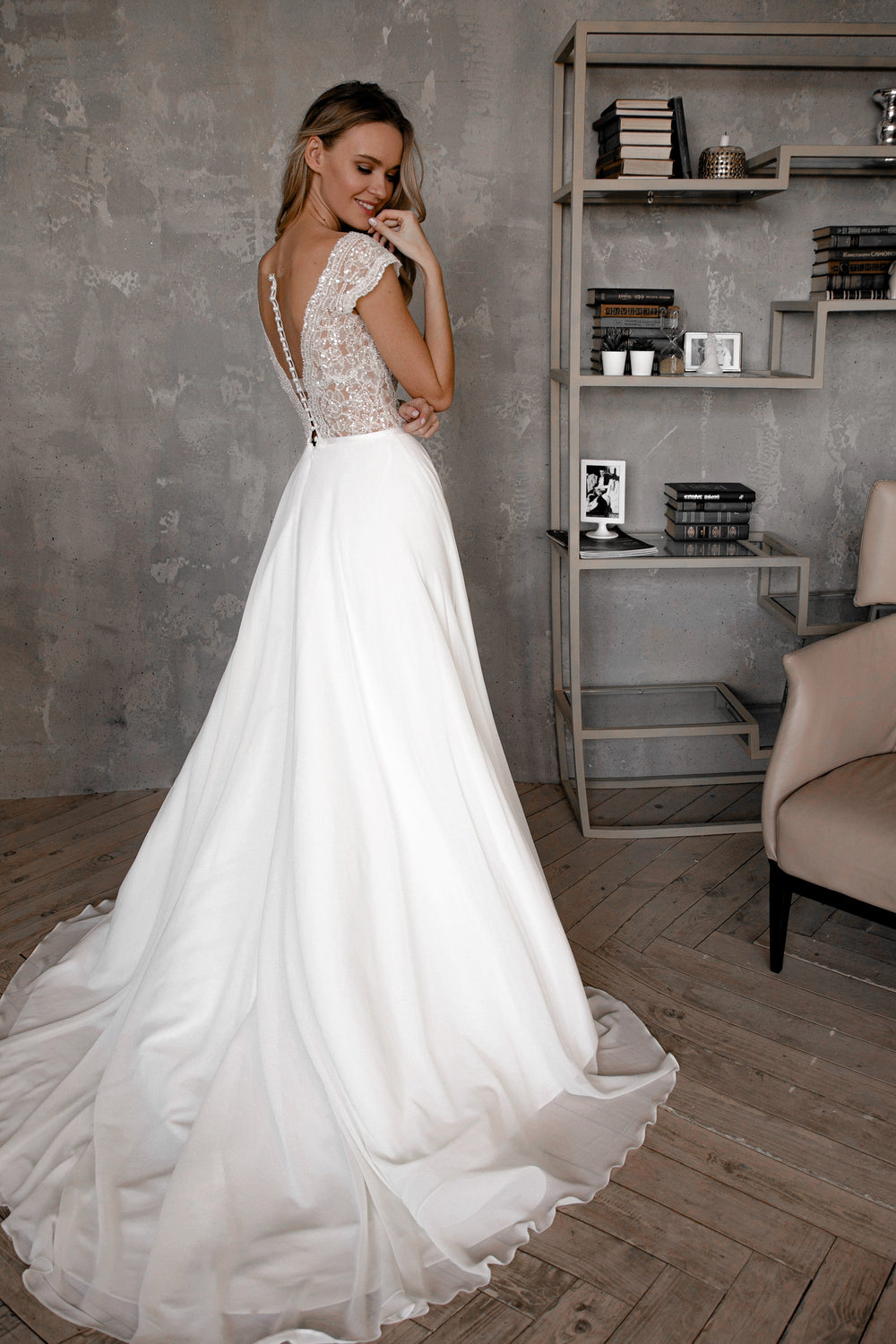 Chiffon Lace Wedding Dress Aviv Fly details - VOLAKK