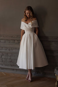 Light ivory Satin Midi Wedding Dress Cameron view 2