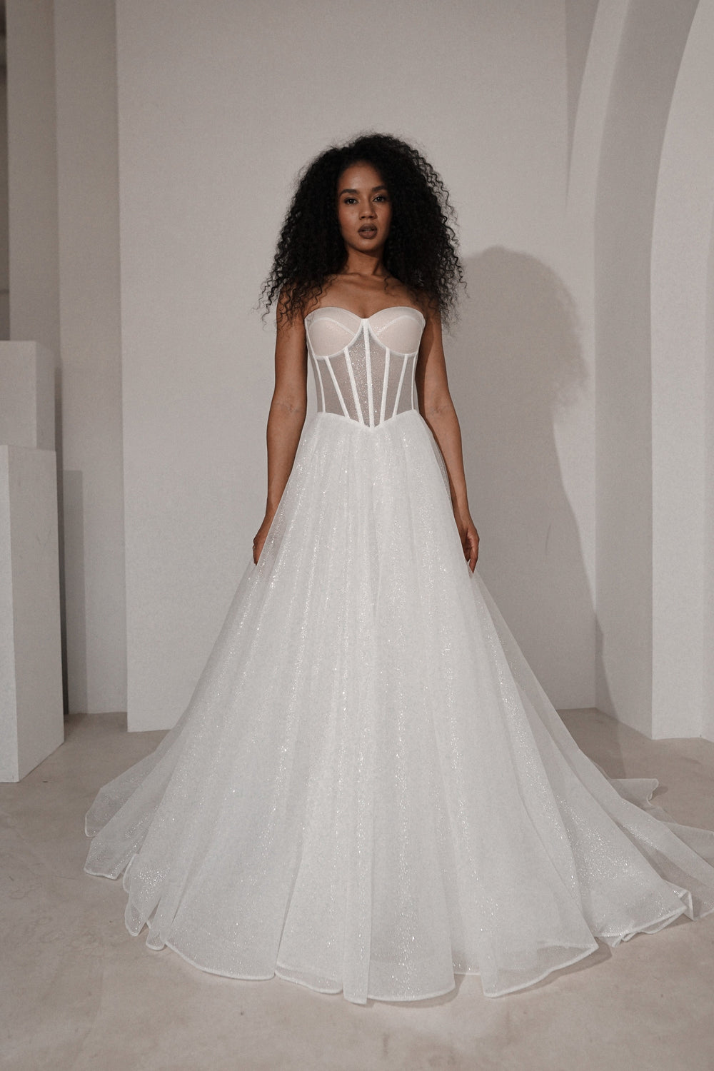 Sparkly Wedding Dress Hennie with Detachable Sleeves-Bow details - VOLAKK