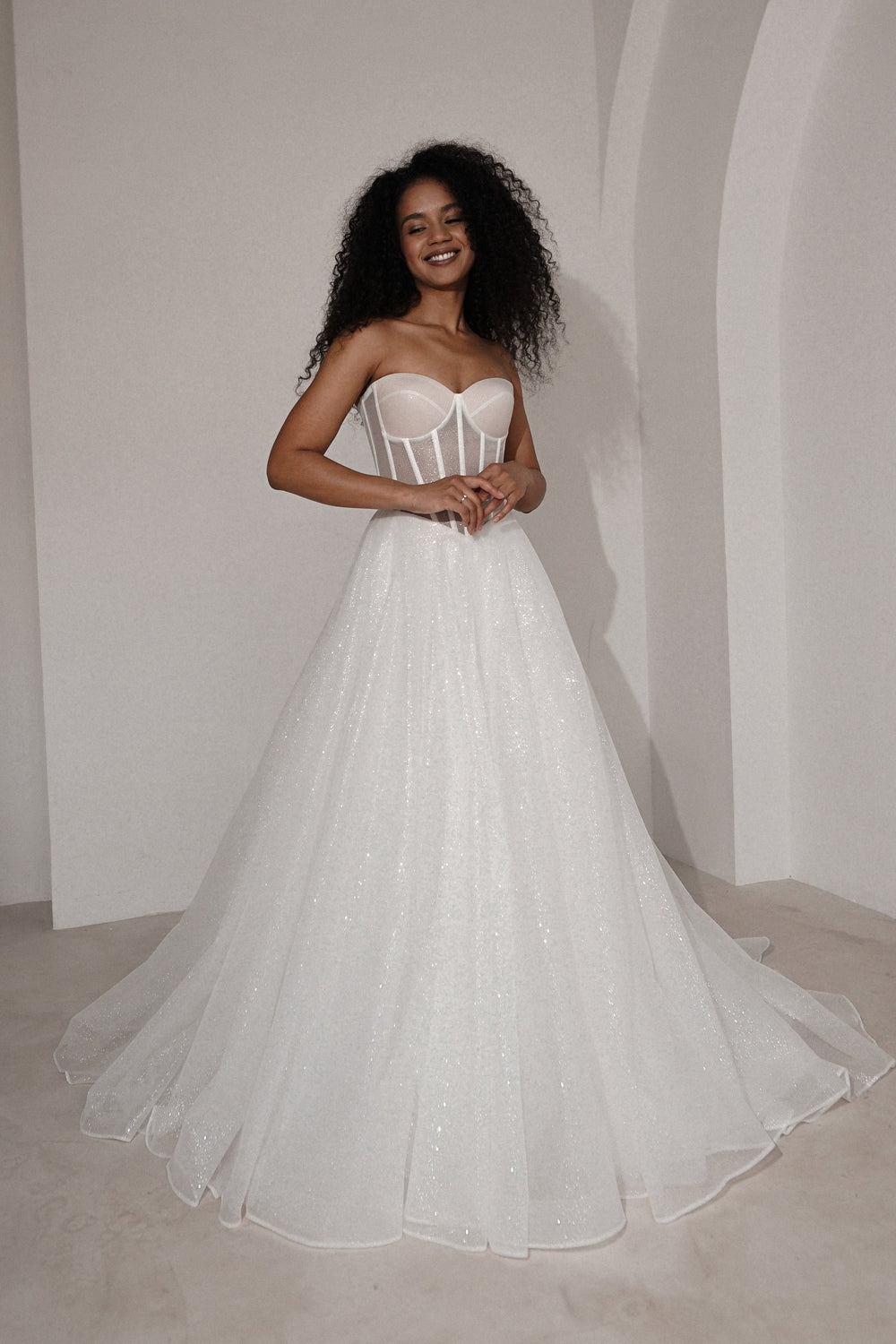 Exquisite Sparkly Wedding Dress Hennie with Detachable Sleeves-Bow detail view - VOLAKK