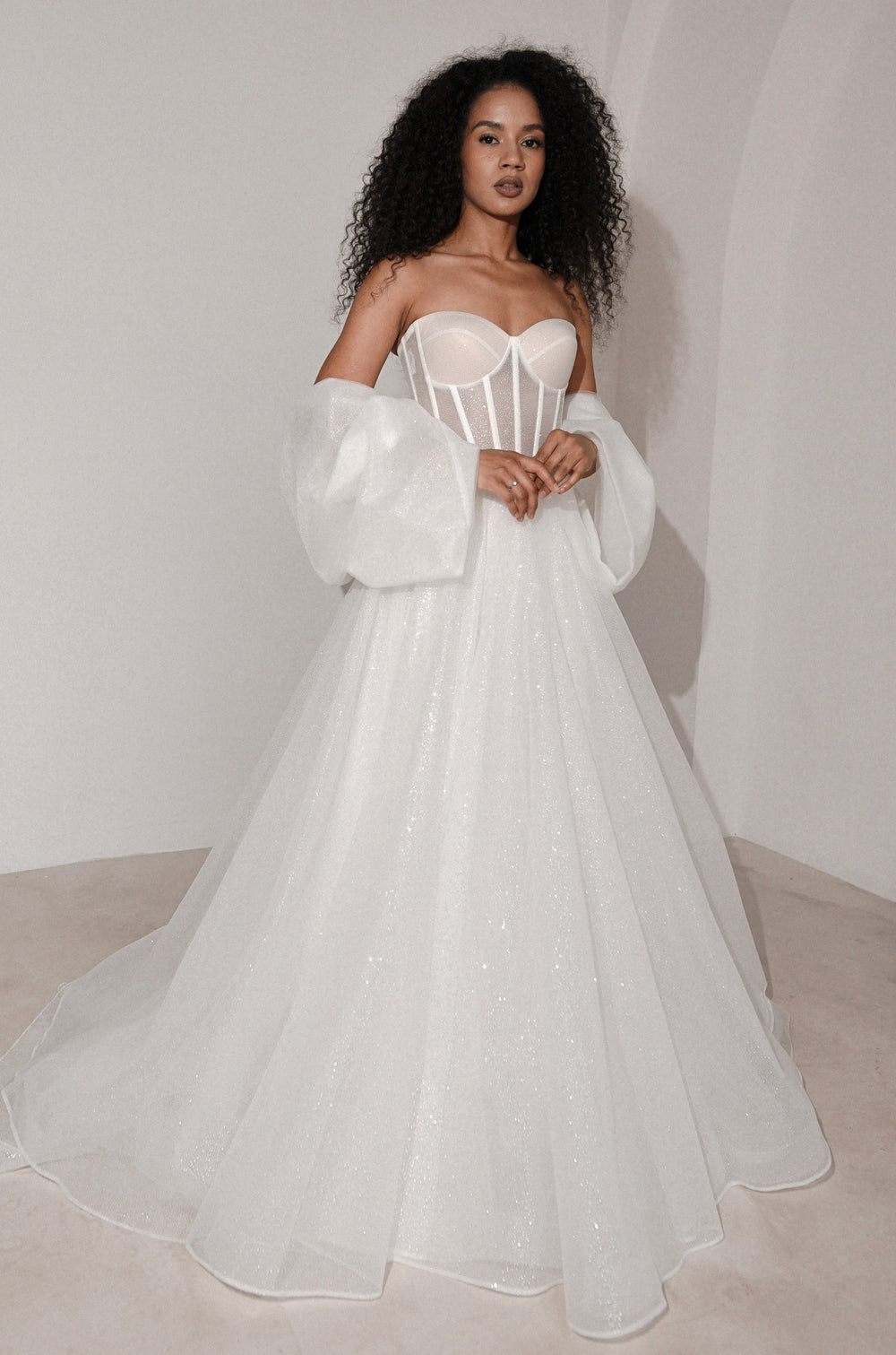 Sparkly Wedding Dress Hennie with Detachable Sleeves-Bow - VOLAKK
