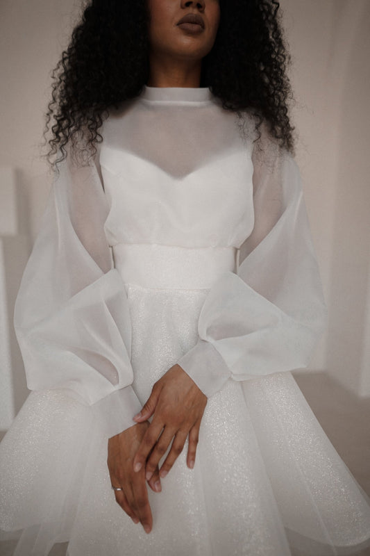 Organza Wedding Blouse with Long Sleeves & High Neck | Ready-to-Ship