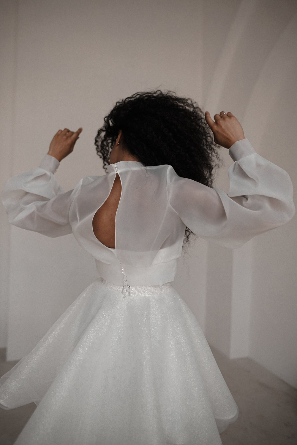 Exquisite Organza Wedding Blouse with Long Sleeves & High Neck detail view - VOLAKK