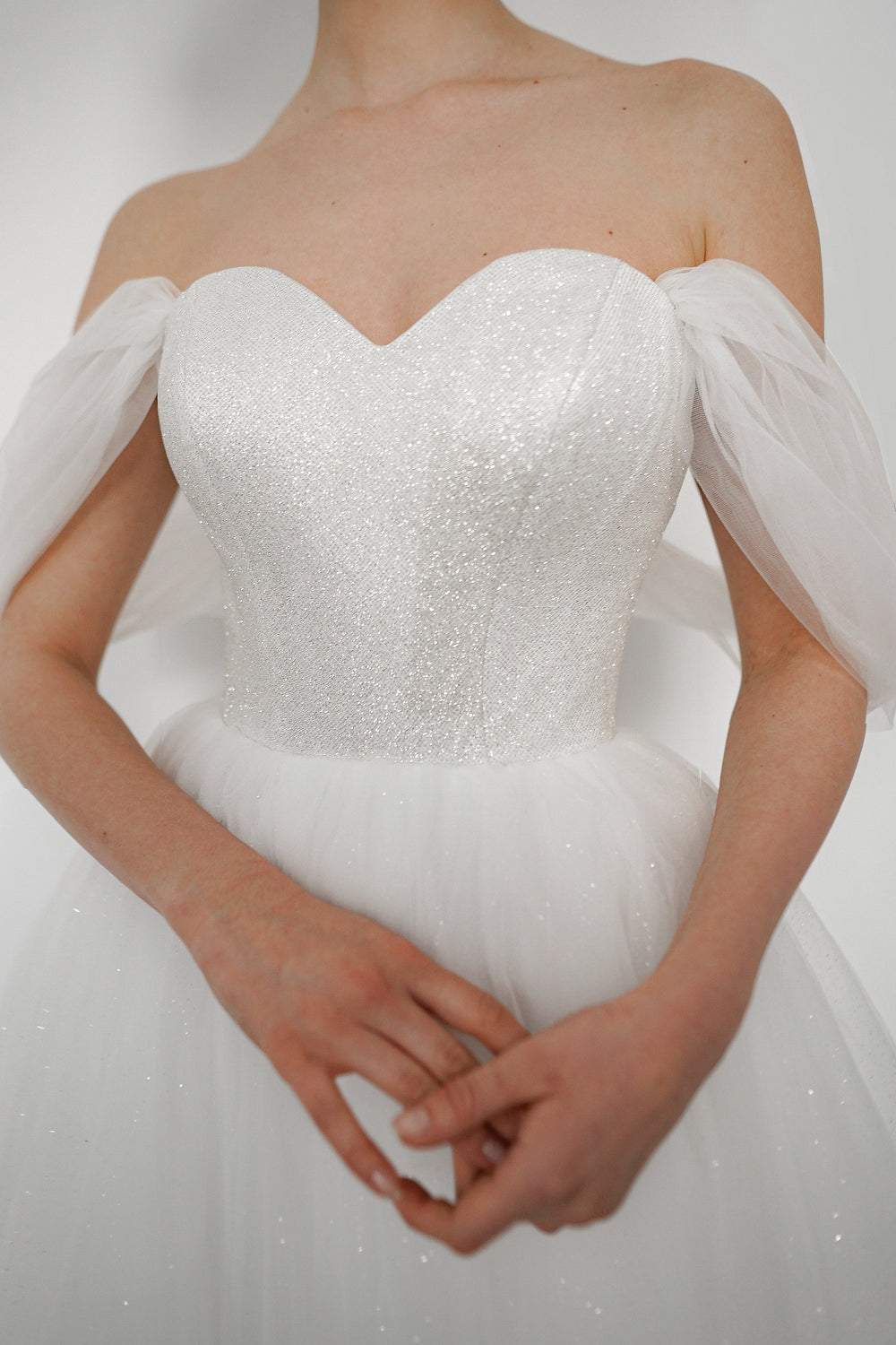 Off-The-Shoulder Shimmering Soft Tulle Wedding Dress Aleksis details - VOLAKK