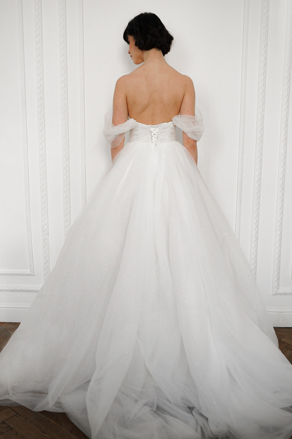 Exquisite Off-The-Shoulder Shimmering Soft Tulle Wedding Dress Aleksis detail view - VOLAKK