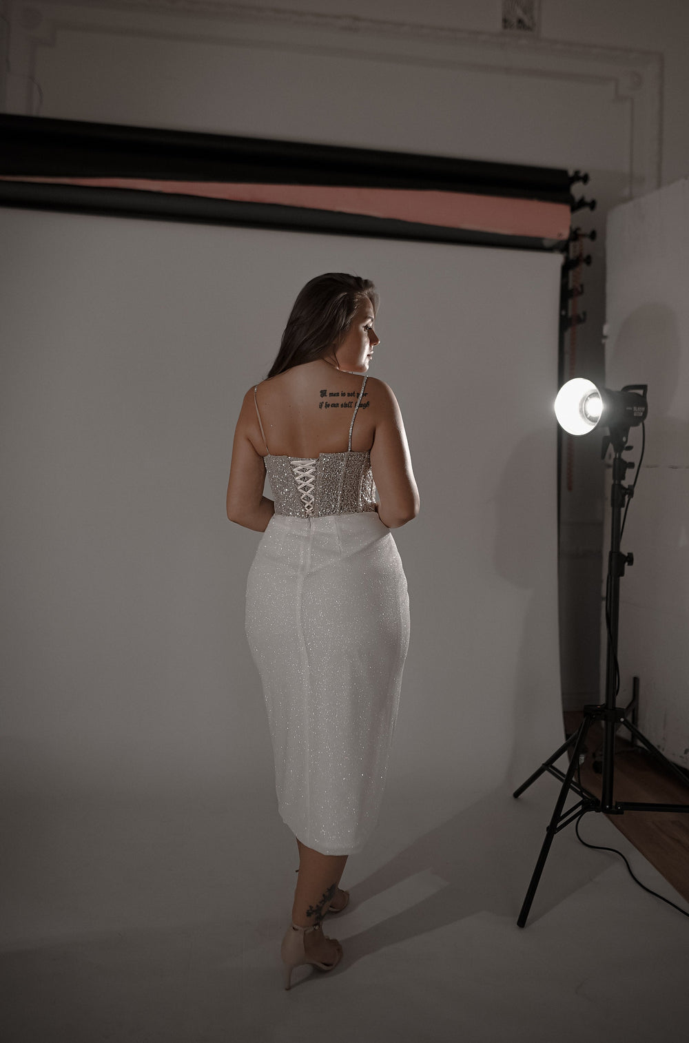 Exquisite Plus Size Midi Sparkly Wedding Dress Madonna detail view - VOLAKK