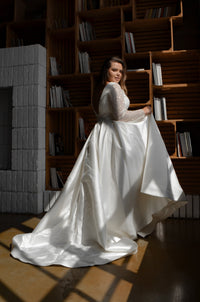 Plus Size Mikado Wedding Dress Koussindy with Long Sleeves view 3