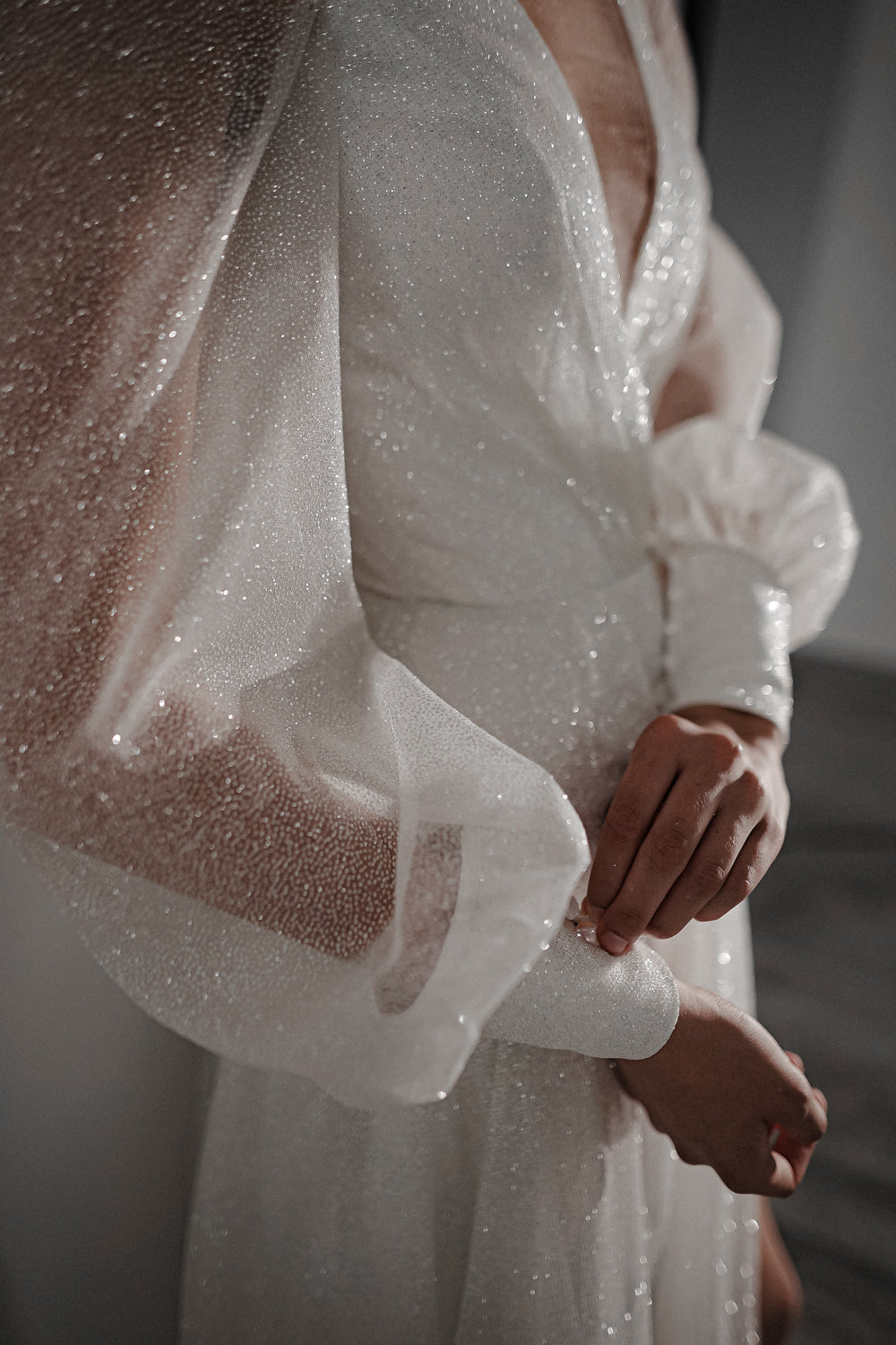 Exquisite Sparkly Wedding Dress Ella With High Leg Slit detail view - VOLAKK