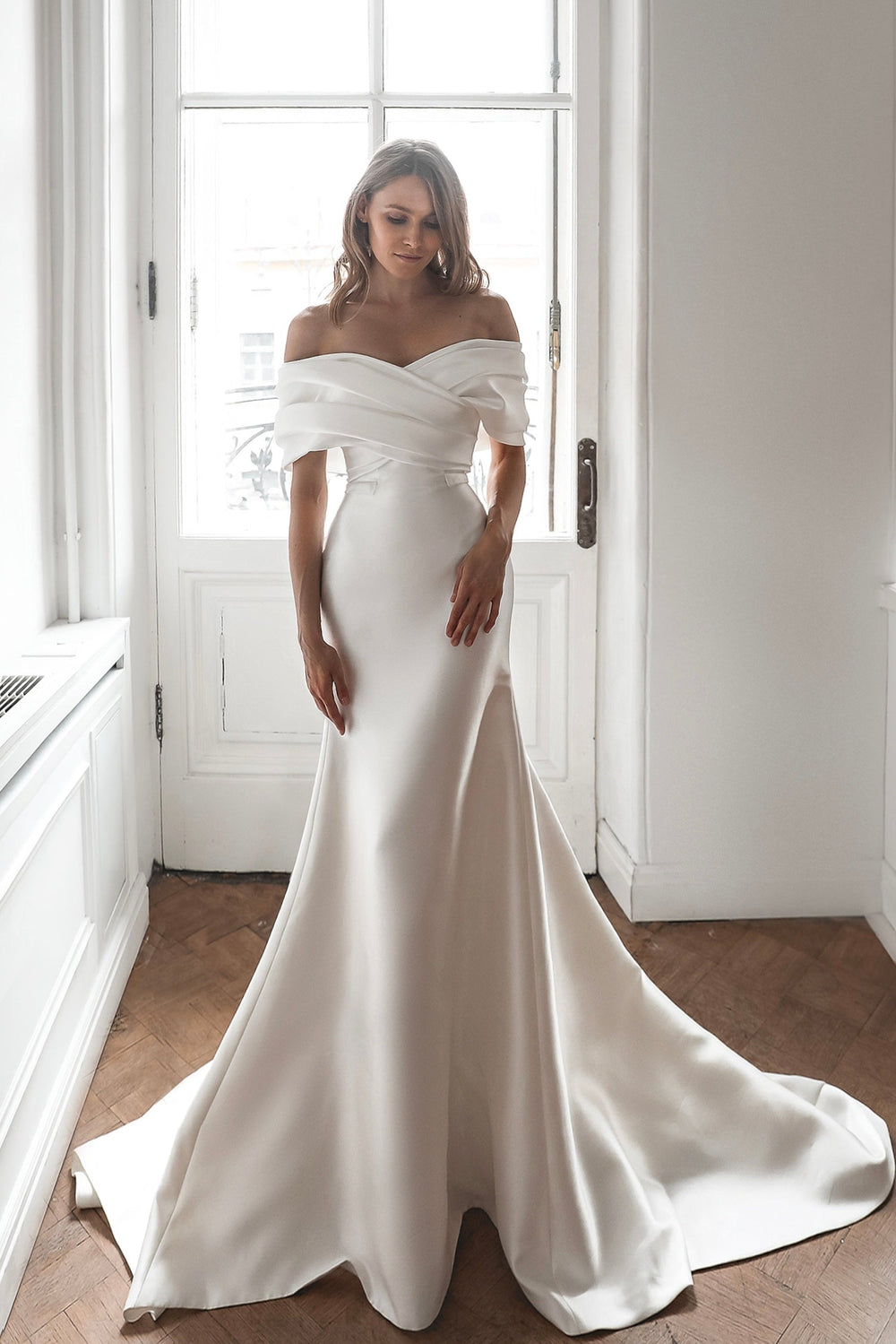 Mikado Wedding Dress Jacqueline With Detachable Train details - VOLAKK
