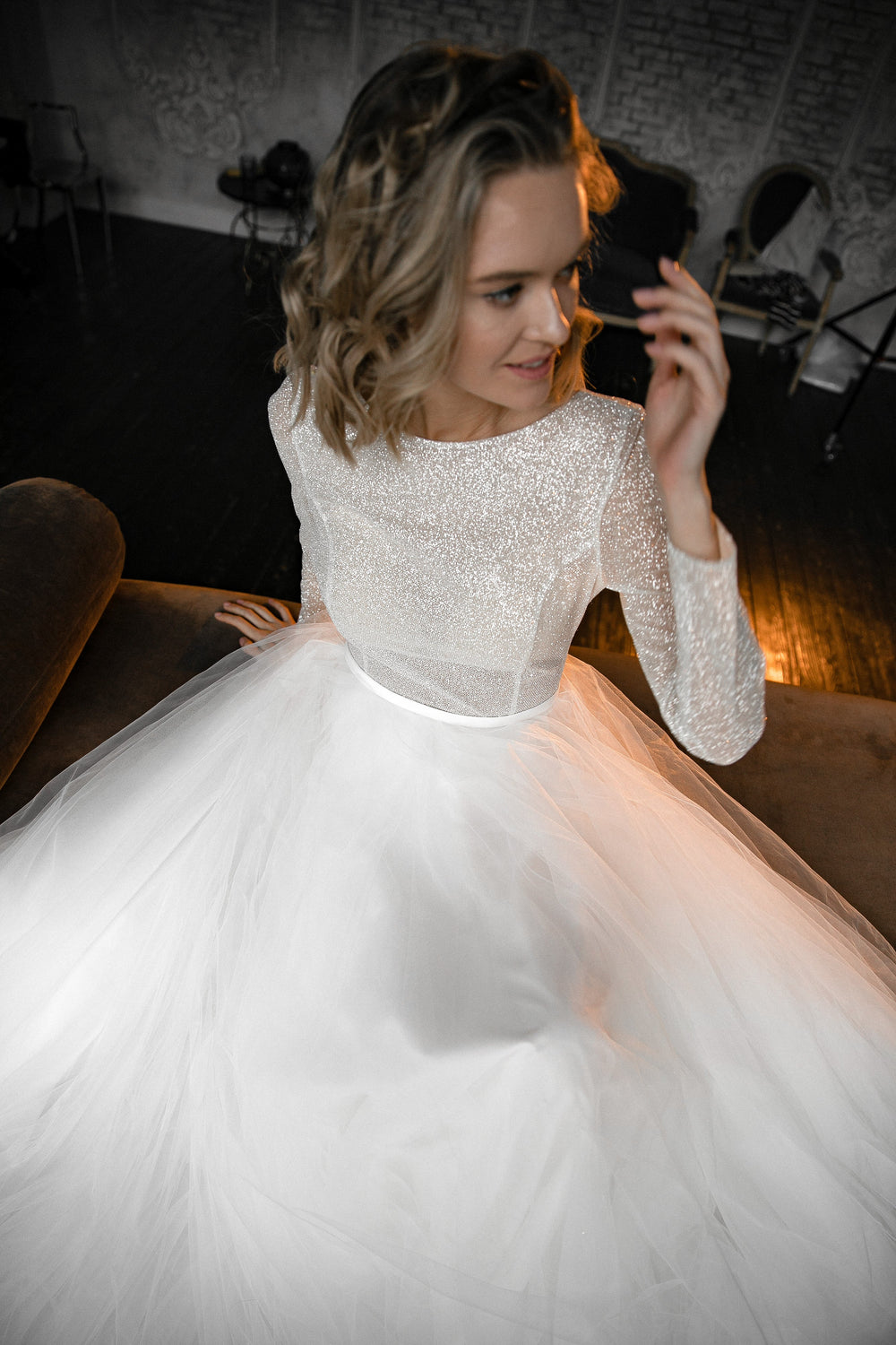 Shiny Wedding Dress Missuri with Long Sleeves details - VOLAKK