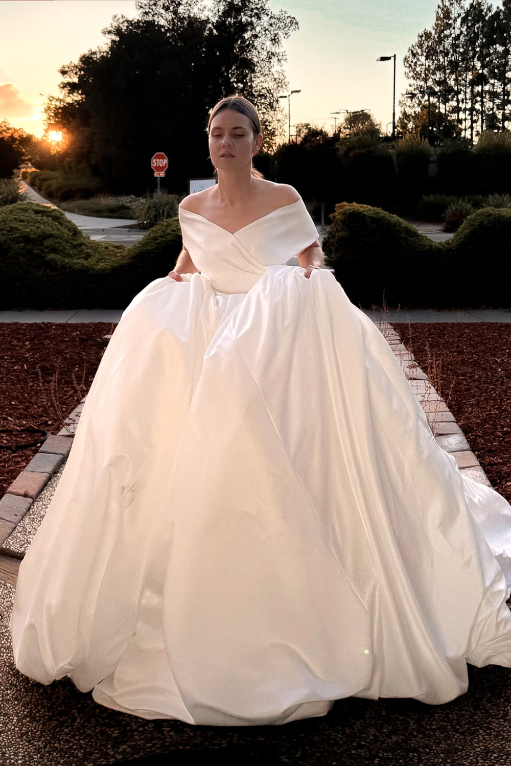 Exquisite Convertible Satin Wedding Dress Mira (dress+overskirt) detail view - VOLAKK