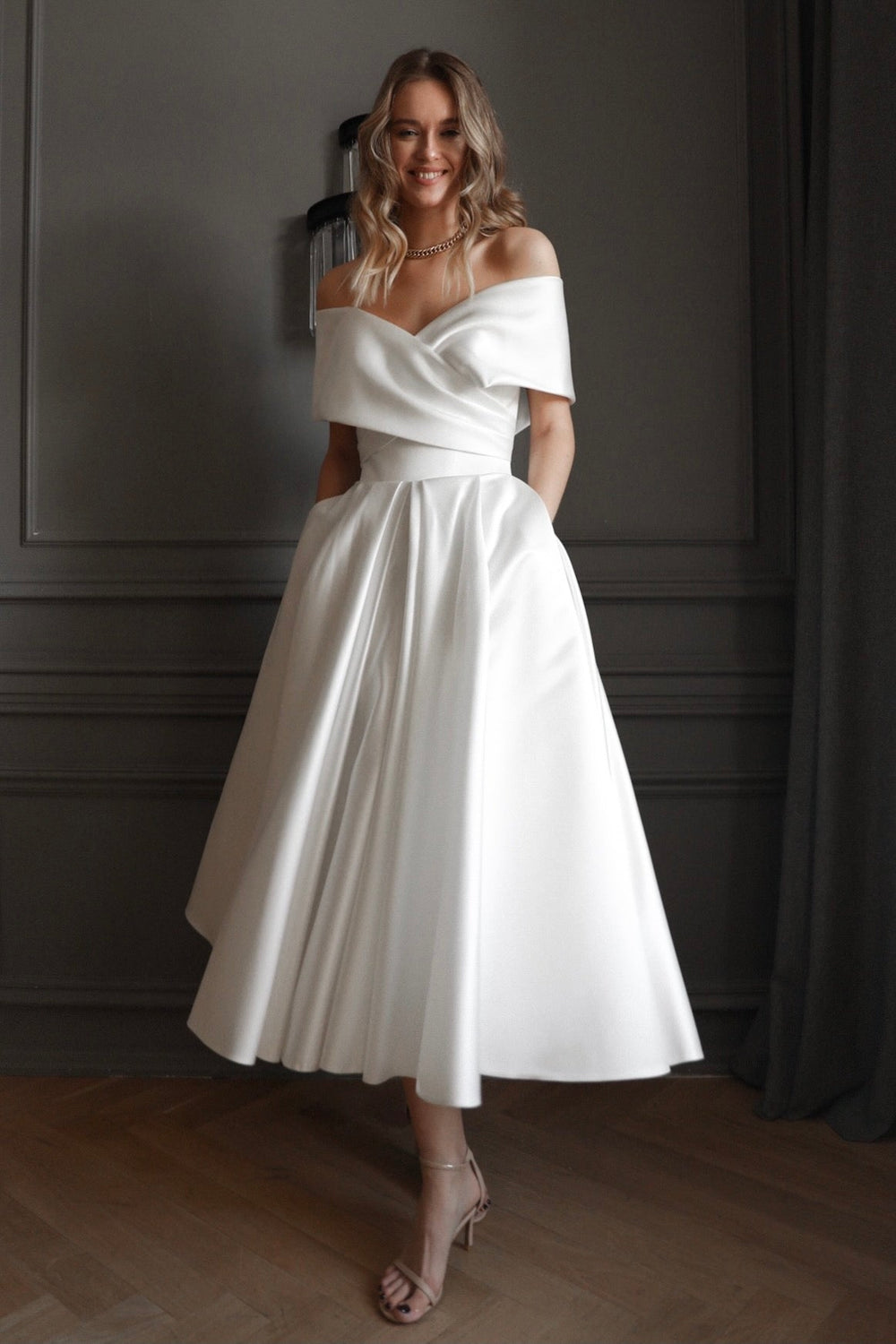 Light ivory Satin Midi Wedding Dress Cameron - VOLAKK