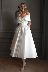 Light ivory Satin Midi Wedding Dress Cameron view 1