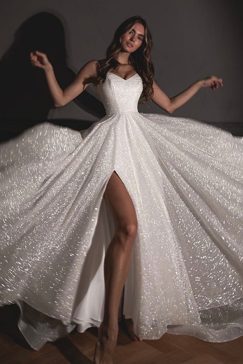 Shiny Wedding Dress Bree with a High Front Slit - VOLAKK