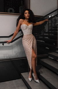 Nude Midi Sparkly Evening Dress Madonna view 1