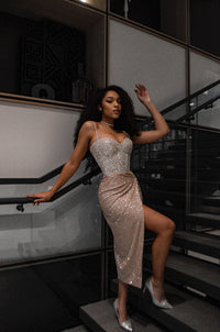 Nude Midi Sparkly Evening Dress Madonna view 4