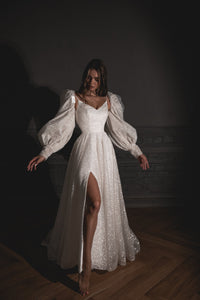 Shiny Wedding Dress Bree with a High Front Slit view 4