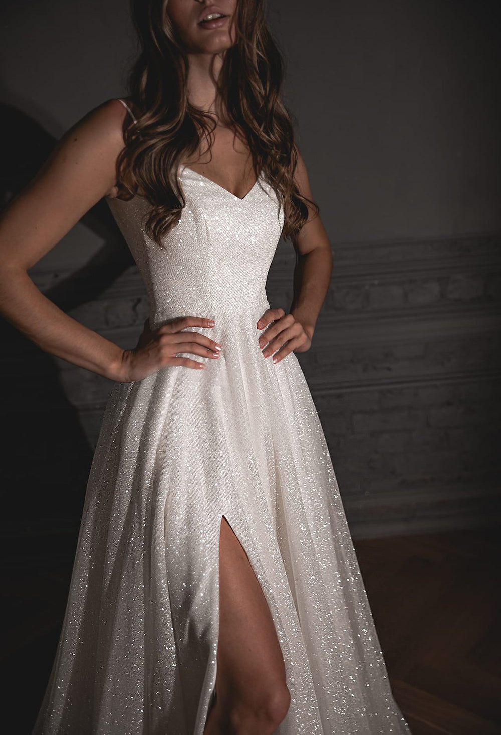 Shiny Wedding Dress Bree with a High Front Slit details - VOLAKK
