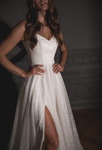 Shiny Wedding Dress Bree with a High Front Slit view 2