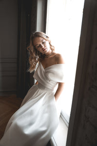 Light ivory Satin Midi Wedding Dress Cameron view 5