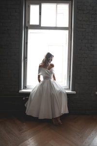 Light ivory Satin Midi Wedding Dress Cameron view 4