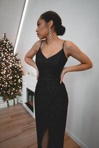 Black Sparkly Evening Dress Leona with Front Slit view 17