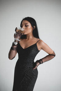 Black Sparkly Evening Dress Leona with Front Slit view 11