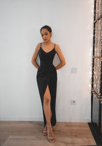 Black Sparkly Evening Dress Leona with Front Slit view 13