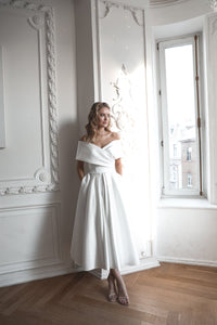Light ivory Satin Midi Wedding Dress Cameron view 7