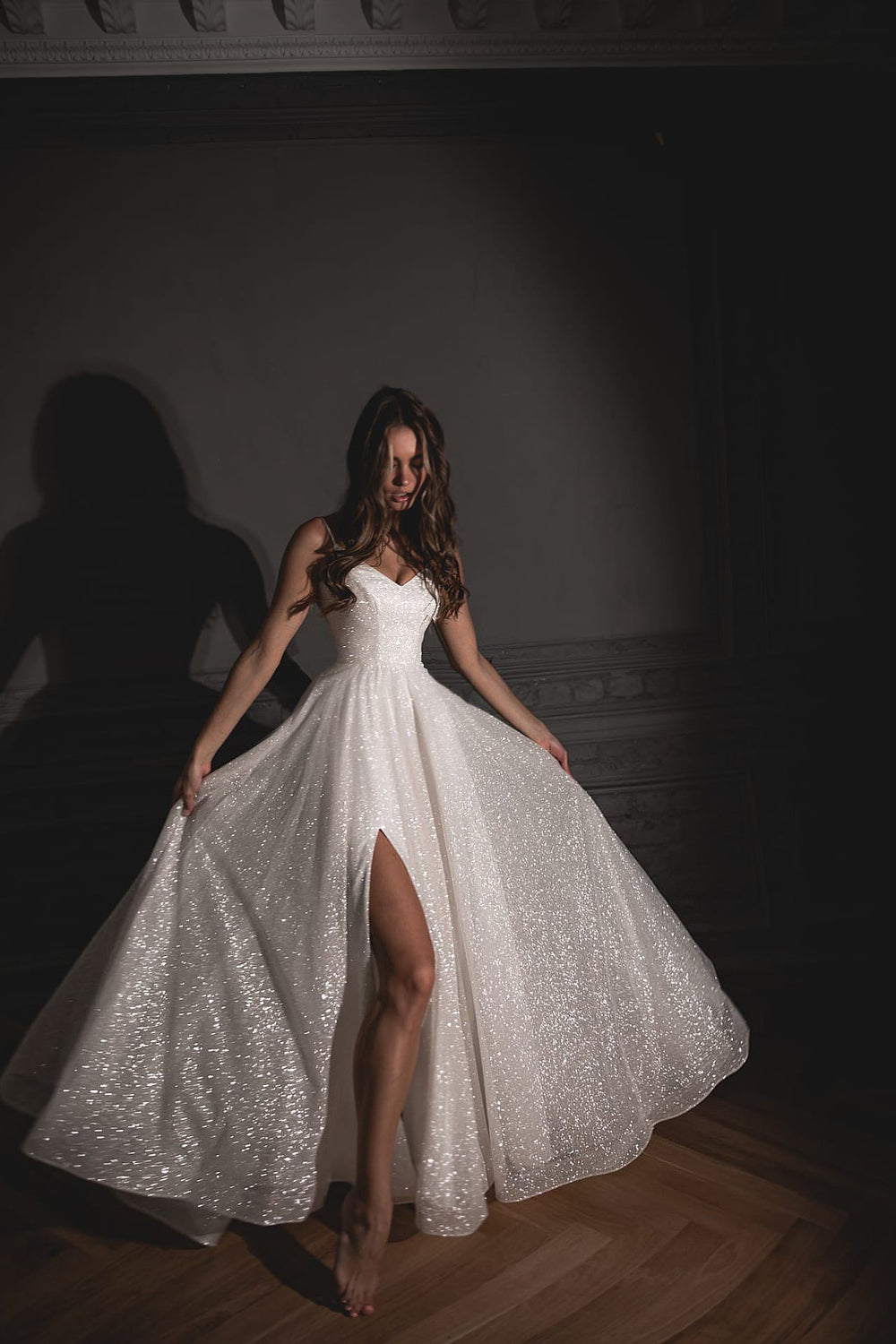 Exquisite Shiny Wedding Dress Bree with a High Front Slit detail view - VOLAKK