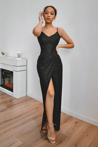 Black Sparkly Evening Dress Leona with Front Slit view 1