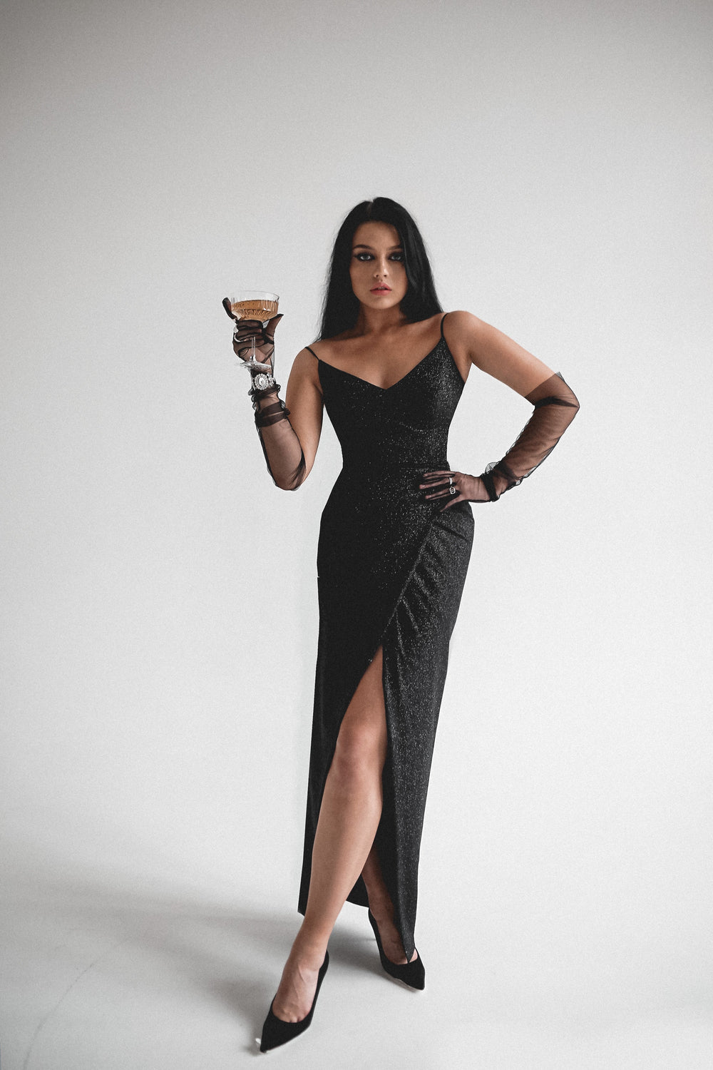 Exquisite Black Sparkly Evening Dress Leona with Front Slit detail view - VOLAKK